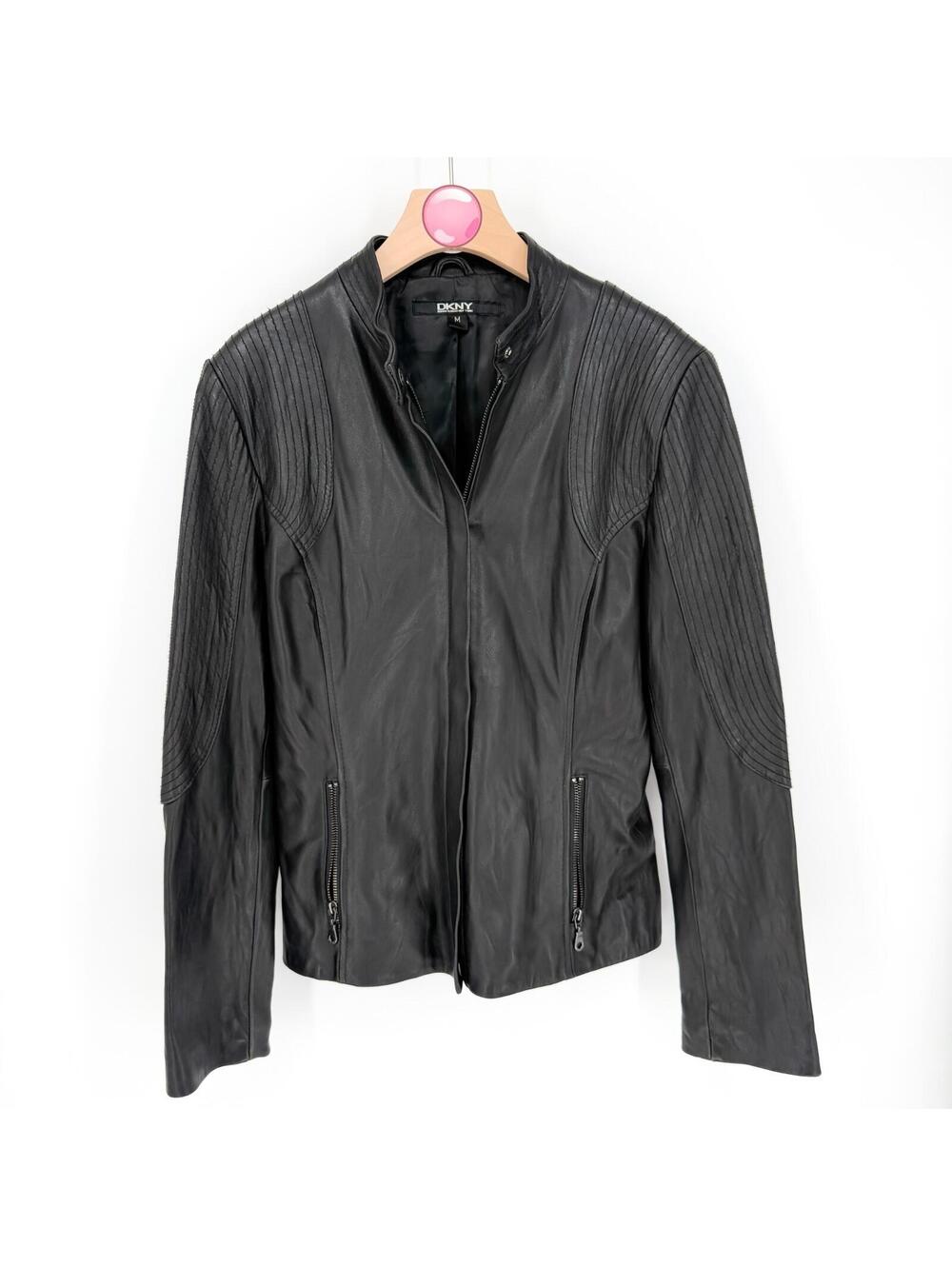 DKNY Soft Genuine Lamb Leather Zip Up Stitched Shoulder Jacket Women's Size M